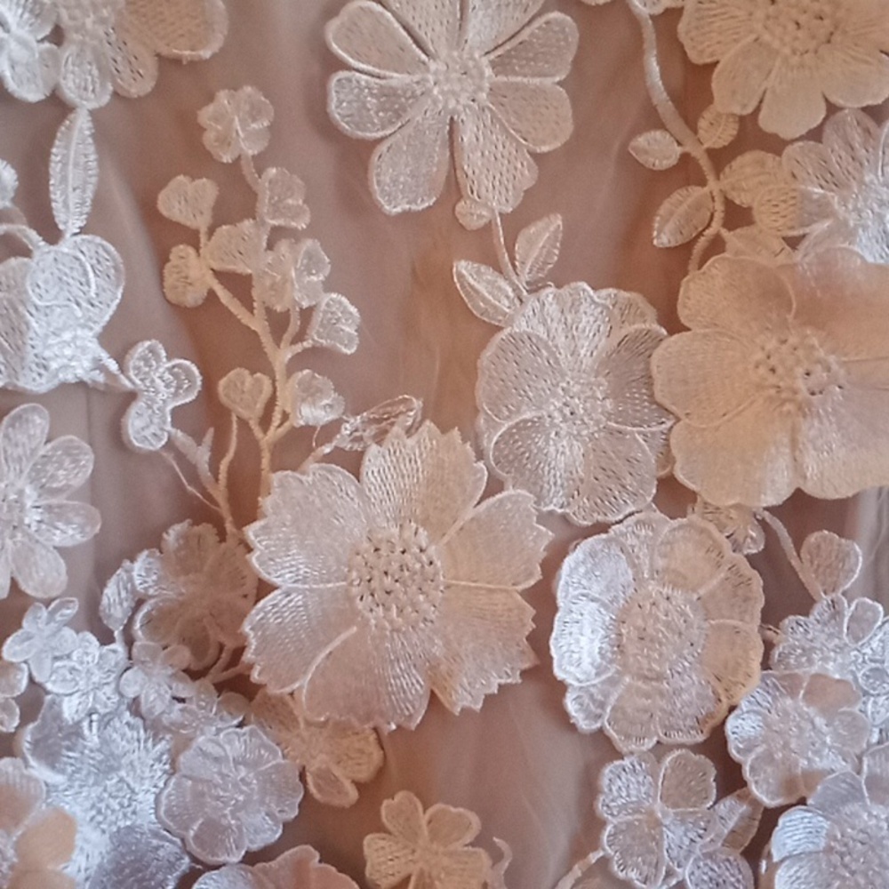 Storia 3D Floral Applique White Lace Nude Sheer Bohemian Cottagecore Dress S - Picture 4 of 5